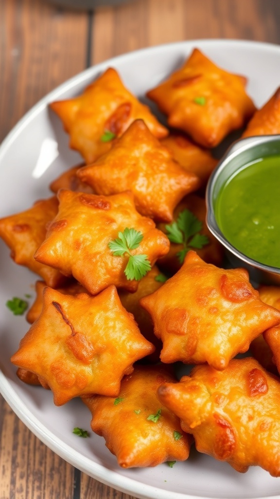 Crispy onion pakodas served with green chutney on a rustic wooden table.